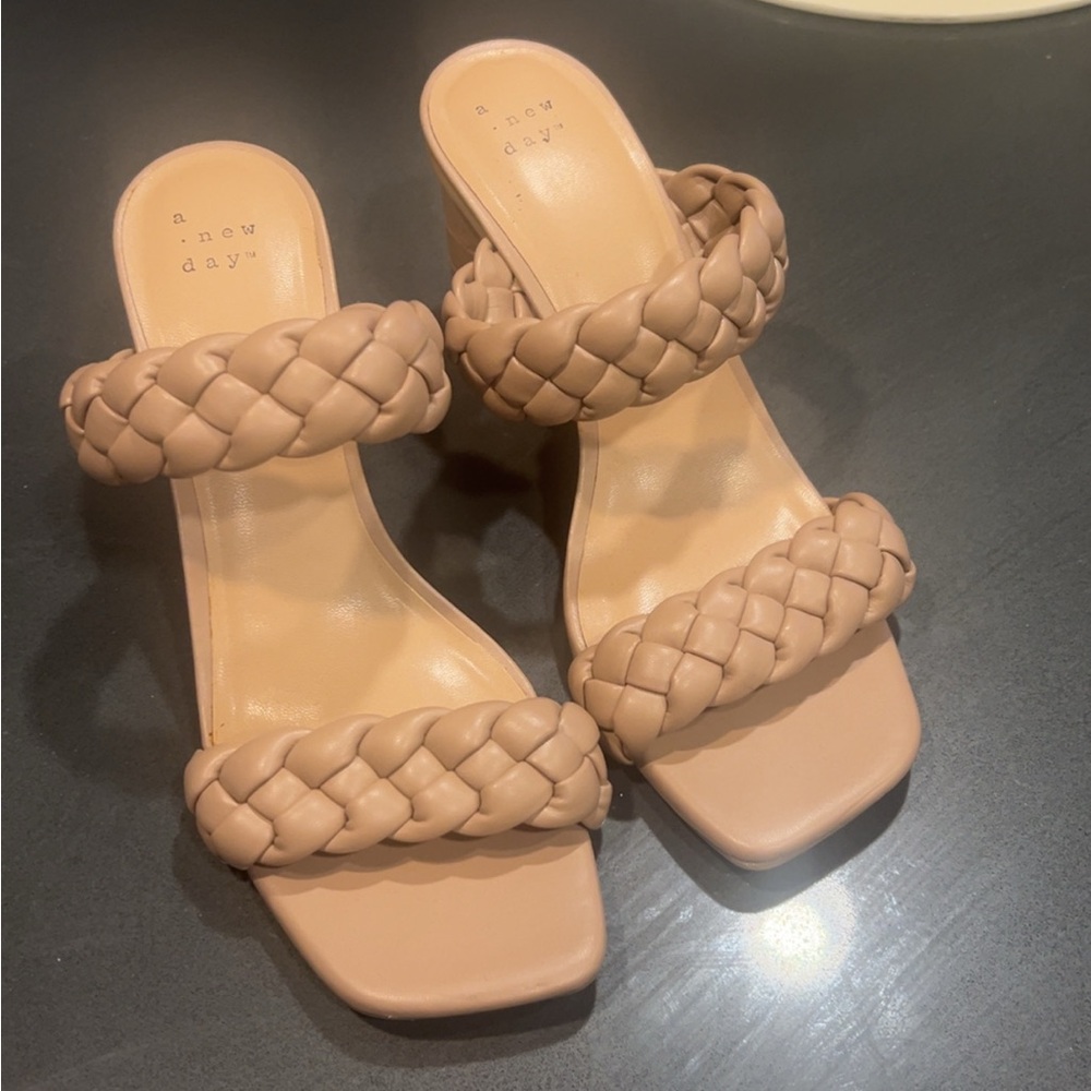 A New Day Tan Heeled Sandals with Braided Straps 7 1/2